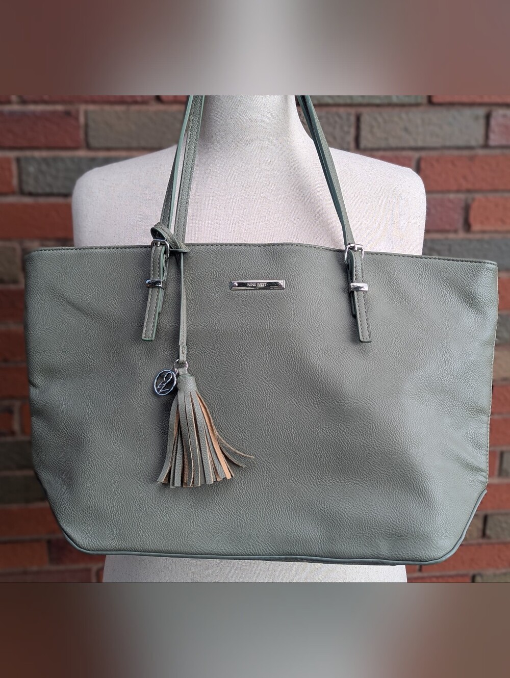 Nine West Classic Olive Green Leather Tote Bag with Tassel